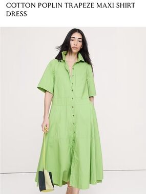Cotton Poplin Trapeze Maxi Shirt Dress in Grassy Fields Green